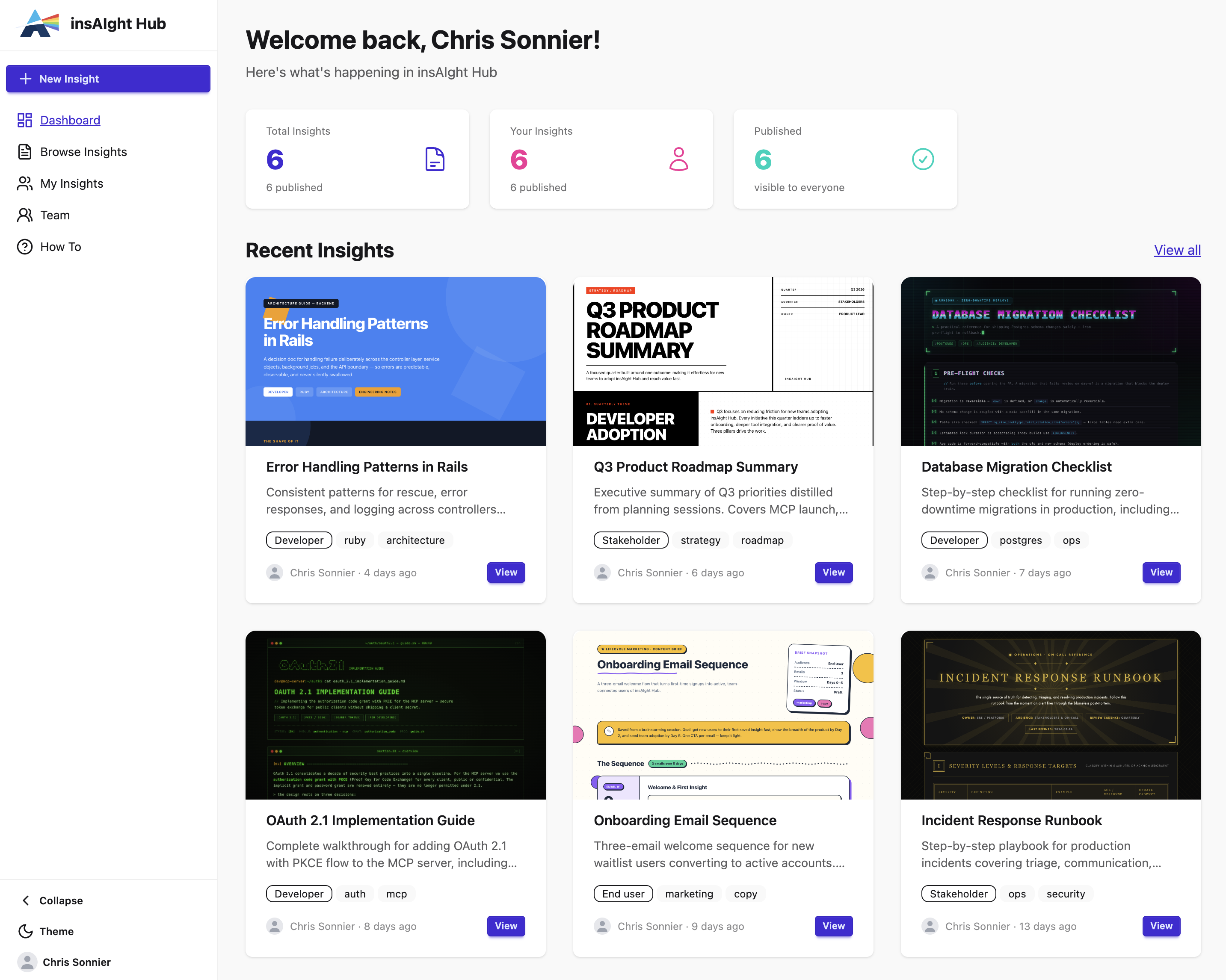 insAIght Hub dashboard showing insight cards with different design styles